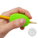 hand holding a pencil with a green jumbo egg shaped grip