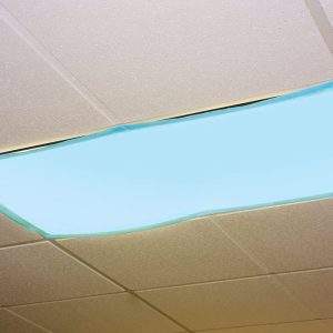 blue light filter covering a classroom fluorescent window