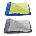 Two soft weighted blankets with bumpy minkee material. One is blue and green, the other is gray.