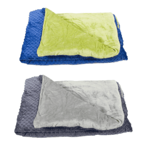 Two soft weighted blankets with bumpy minkee material. One is blue and green, the other is gray.