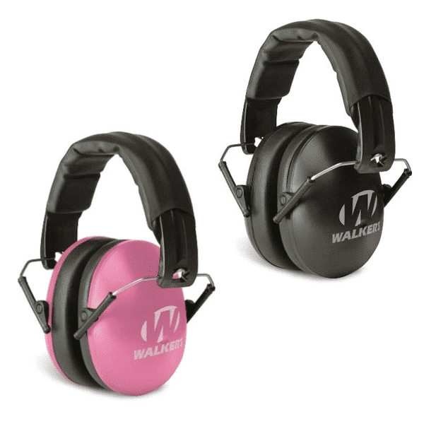 2 sets of preschool junior earmuffs: one is pink and the other is black