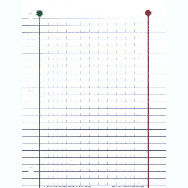 Redispace Paper with green and red margin lines, small hash marks between characters