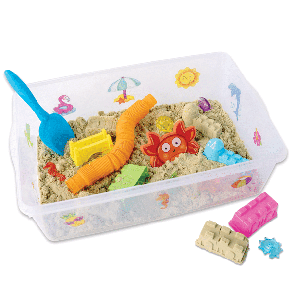 sensory bin with kinetic sand, mini sand castle molds, a shovel, and a super tooob