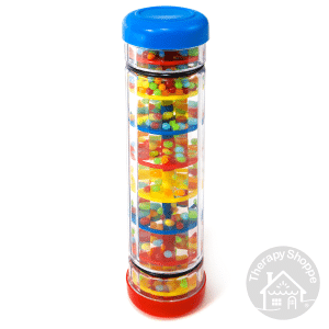 plastic rain stick with beads cascading thorugh various levels