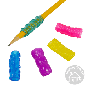 squishy jelly pencil grips, 5 colors shown, one is on a pencil
