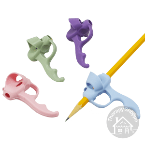 elephant trunk pencil grip, 4 colors shown, one is on a pencil
