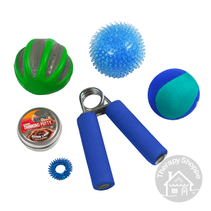 3 squeeze balls, a tin of putty, a hand squeezer, and a wire ring