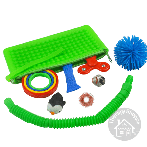 green bumpy pouch with 8 fidgets spilling out of it