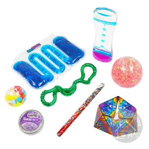 8 very colorful fidget toys, most have moving parts