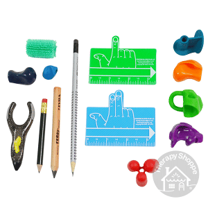 2 writing spacers, 4 specialty handwriting pencils, and 8 pencil grips
