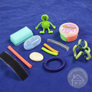 assorted fidgets on a blue background