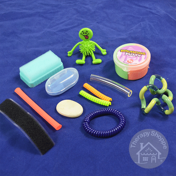 assorted fidgets on a blue background