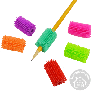 extra thick massager pencil grips. 6 colors shown, one is on a pencil