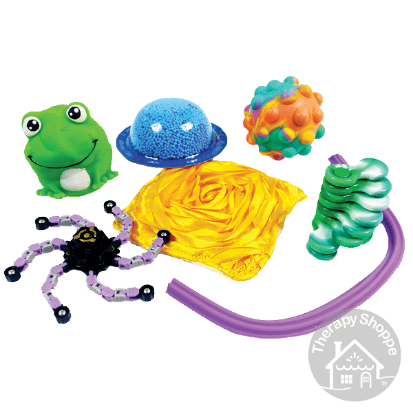 7 fidgets, a frog ball, play foam, a pop it ball, a tactile fabric square, a stretchy string, and two fidget spinners