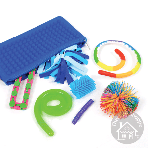 blue bumpy pouch with 7 fidgets spilling out of it