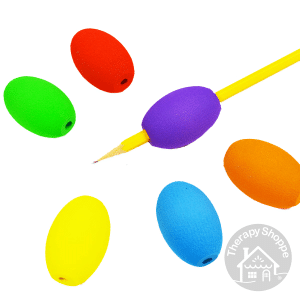 6 colors of egg shaped pencil grips, the purple one is on a pencil
