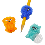 3 colors of critter massager grips are show. The blue one is on a pencil