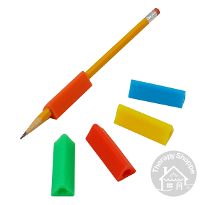 Five different colors of rubber triangle pencil grips. The orange one is on a pencil