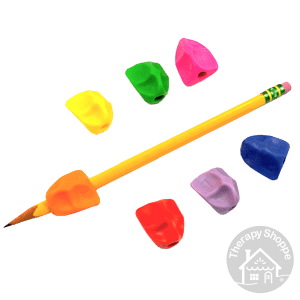 Pencil with an orange solo grip on it. six other grip colors arranged around it.