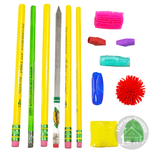 6 handwriting pencils, 3 specialty erasers, 3 pencil grips, and a spiky fidget pencil topper