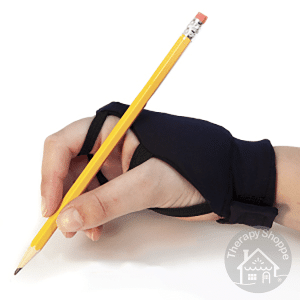 person holding a pencil while wearing an open palm hand weight