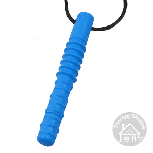 blue rod shaped chew necklace with 3 different textures