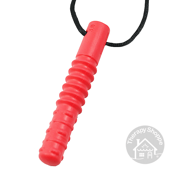 red rod-shaped chew necklace with 3 different textures