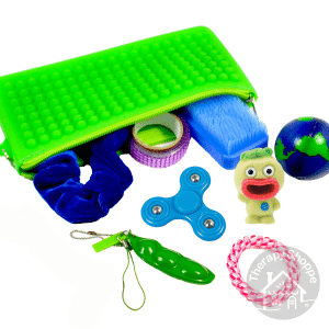 green bumpy pouch with 8 fidget tools