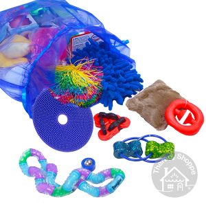 blue organza bag with several fidgets spilling out of it