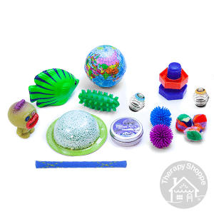 15 focusing fidgets. Includes squeeze balls, plastic nut and bolt, putty, springy coils, a boinks, play foam, and tactile balls.