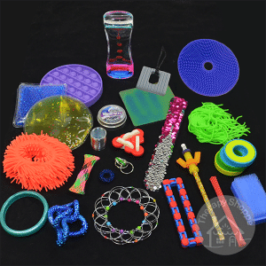 24 various fidget toys on a black background