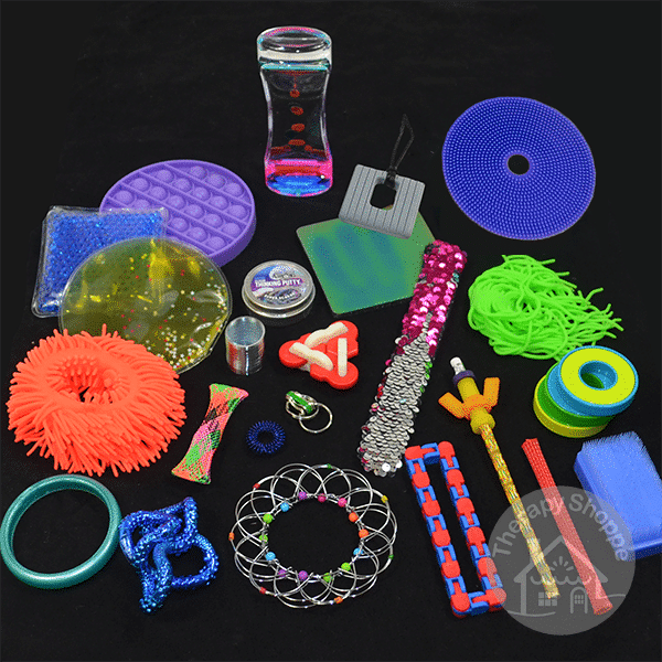 24 various fidget toys on a black background