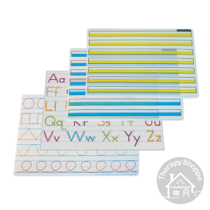 wipe clean sheets with yellow lines, blue lines, pre-writing tracing shapes, or alphabet tracing letters