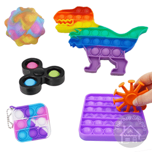 3 pop it fidgets, a pop it ball, a pop it fidget spinner, and a tool to push the bubbles