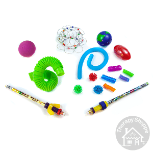16 different focusing fidgets: stretchy springs, pencils with spinners, a wire maze, squeeze balls, stretchy string, and more